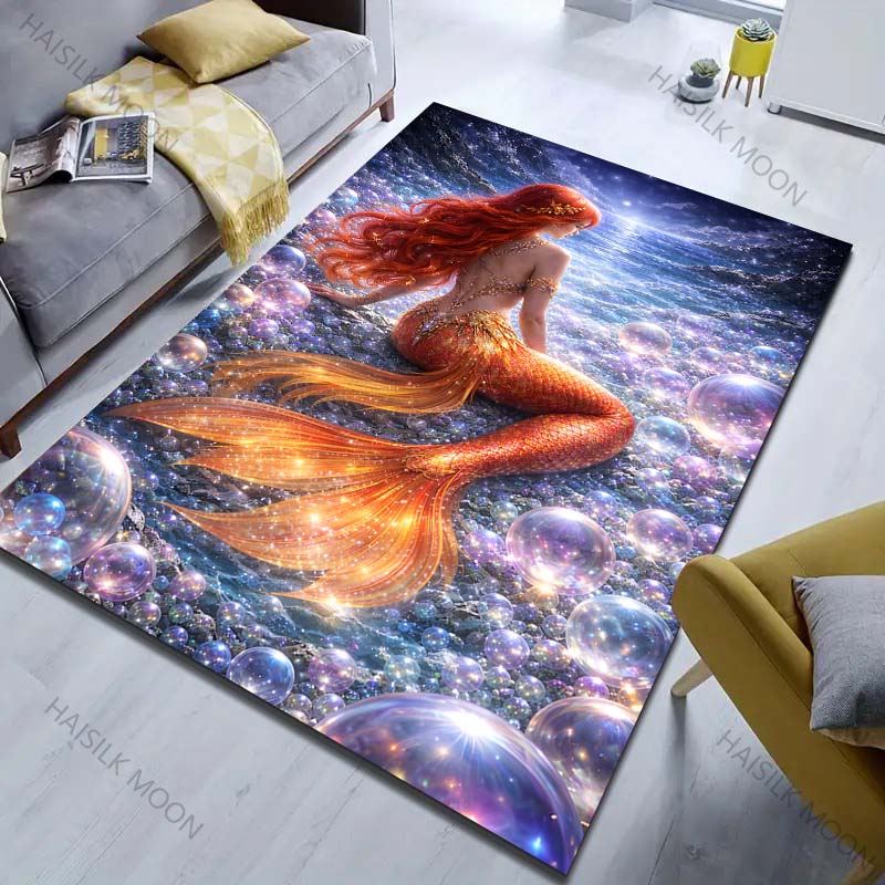 Multiple sizes Mermaid serene seascape Carpet for Living Room Bedroom Sofa Home Decor Rus Non-slip Floor Mat Luxury Gift