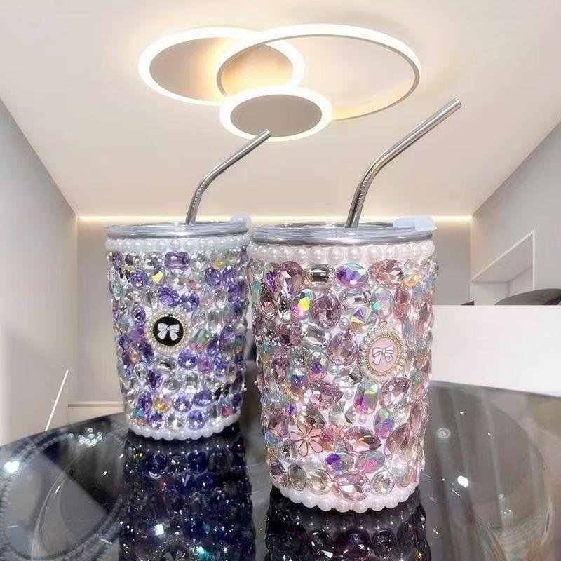 Rhinestone 304 Stainless Steel Straw Cup, 300-500ml Insulated Coffee Mug, Sparkling Diamond Water Bottle for Women