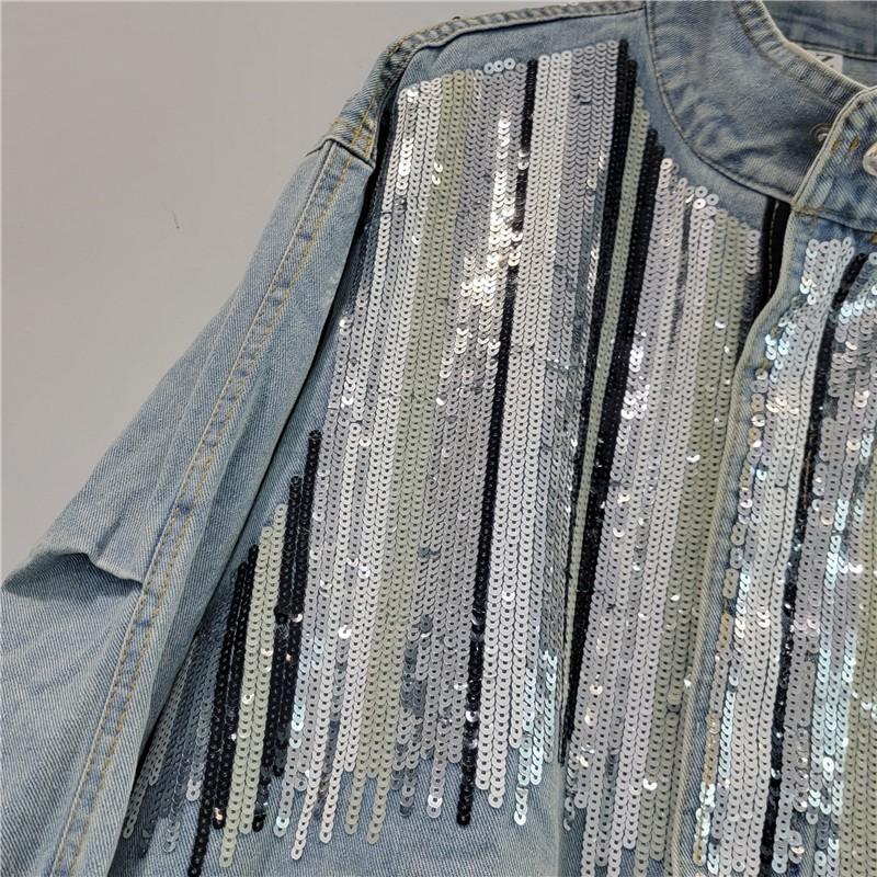 Womens Oversized Distressed Denim Jacket With Sequins Loose Fit Streetwear Long Sleeve Stand Collar