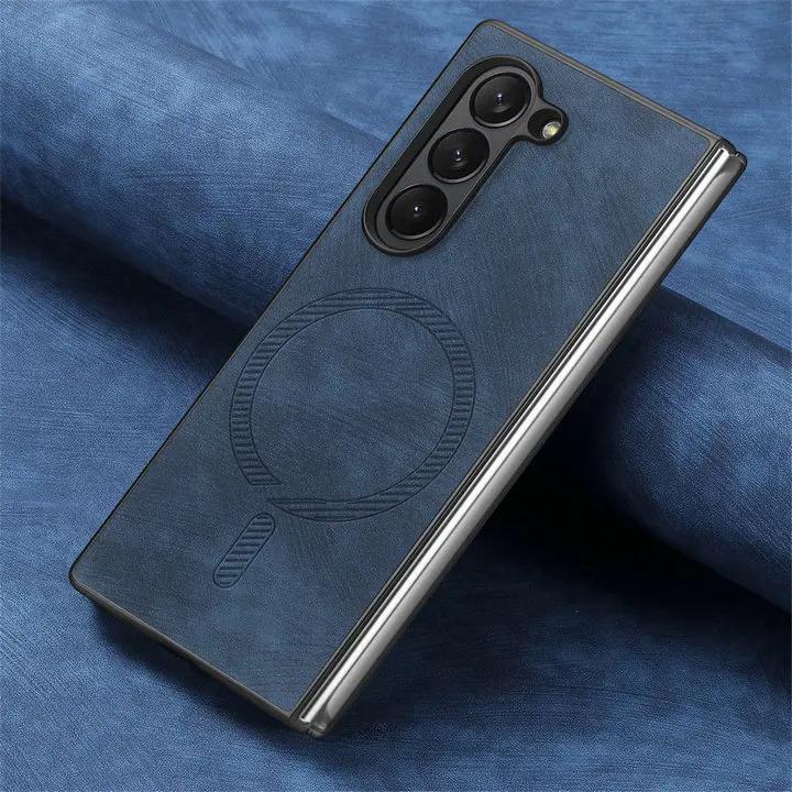 

Luxury Leather Strong Magnetic Phone Case For Samsung Galaxy Z Fold 6 5G Fold 5 Matte Skin Shockproof Back Hard Cover ZFold6 синий