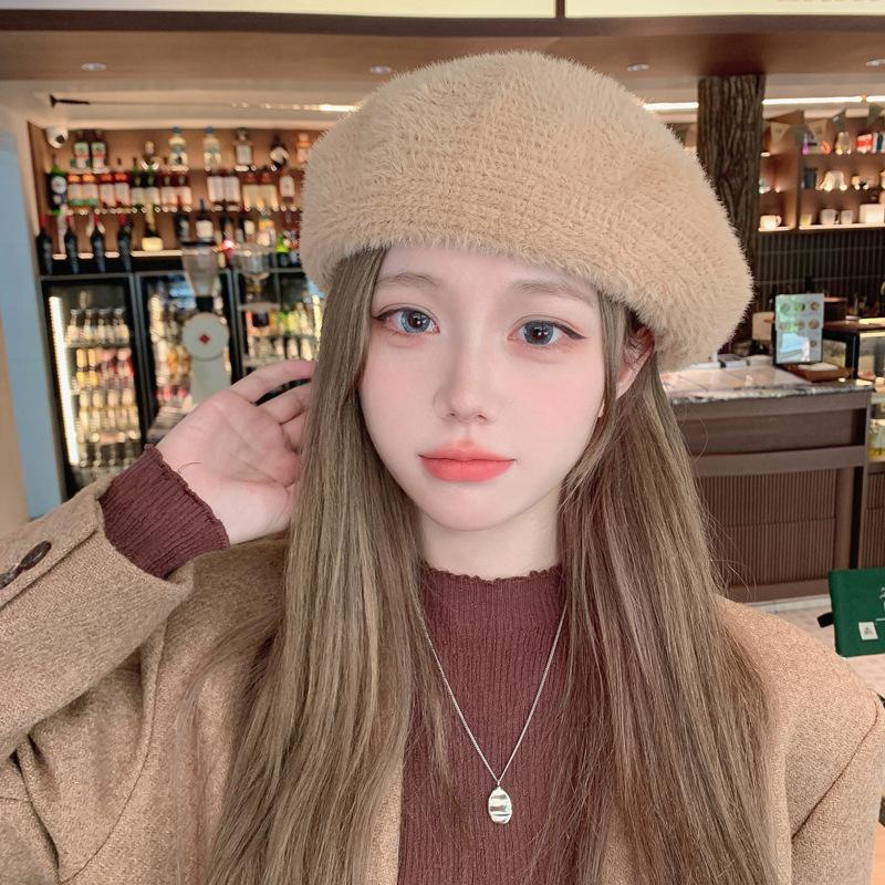 Autumn and Winter New Hat Women's Imitation Mink Beret Winter Warm Painter Hat Literary Retro Pumpkin Hat Tide