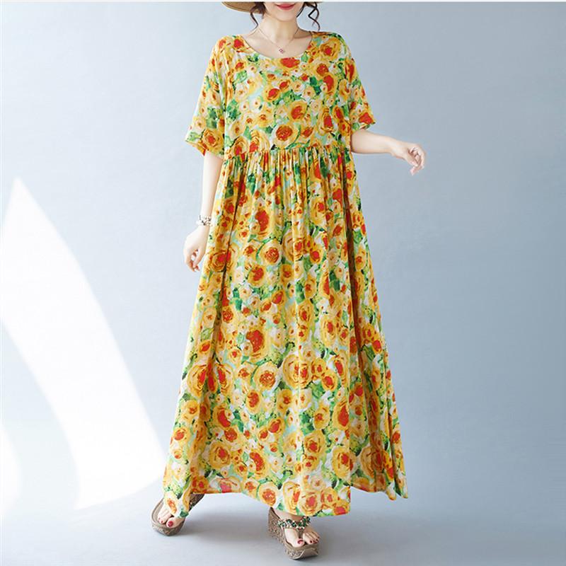Short Sleeve Plus Size Cotton Vintage Floral New In Dresses for Women Casual Loose Long Summer Dress