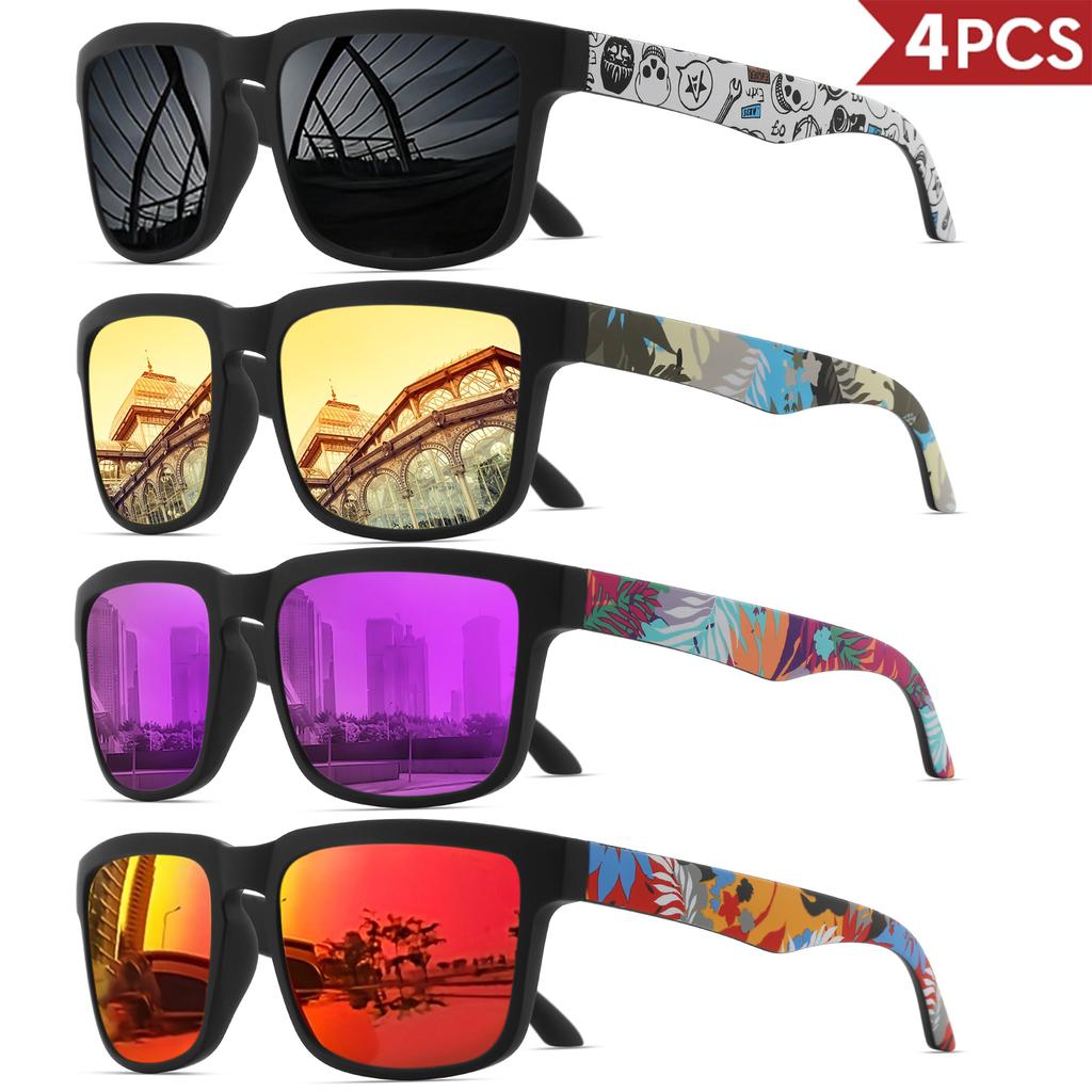 4PCS Square Sports Sunglasses with Designer Temple Pattern - UV400 for Men Women Beach Vacation 7