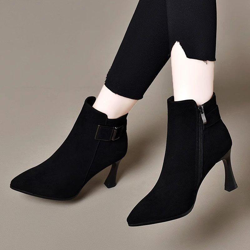 Fashion Fall New Pointed Toe Side Zipper Metal Belt Buckle Anti-Slip Wear-Resistant Stiletto Heel Short