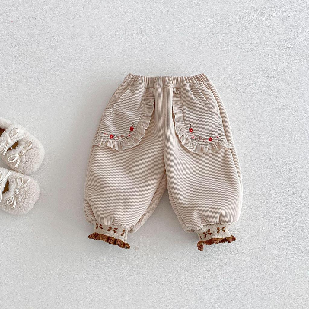 Girls' Fleece-Lined Korean Style Embroidered Joggers – Winter 2025 Children's Thick Sweatpants