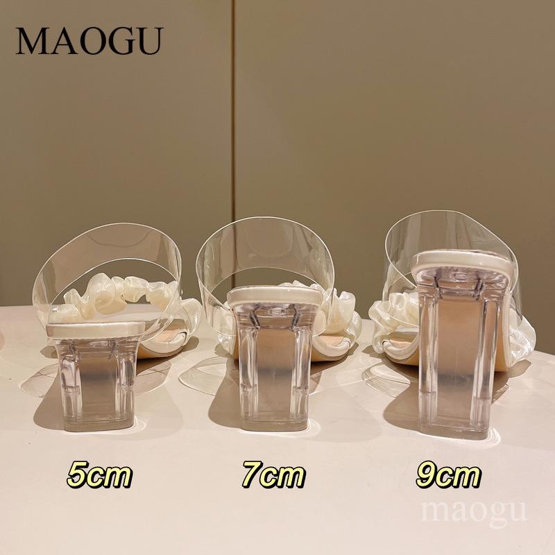 Women's Ruffled Clear Strap Heeled Mules Elegant Transparent Block Heel Sandals Slip-On Summer Fashion Slippers Pantuflas Mujer