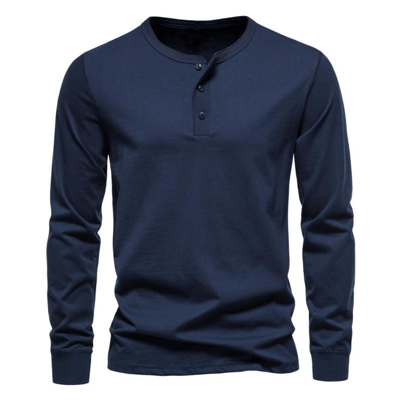 2023 Men's European & American Henley Collar Long Sleeve Solid Casual T-Shirt
