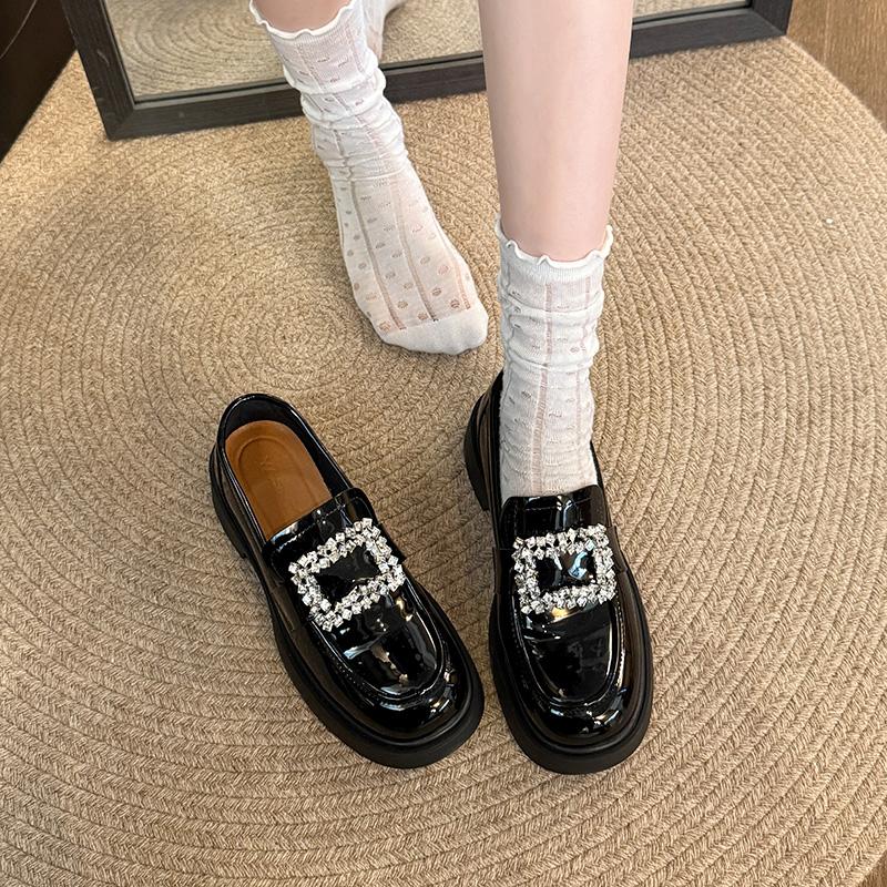 Fashion Women's Thick Heel Loafer Shoes Autumn New Round Head Deep Mouth Water Drill Buckle Thick Sole Non-slip Single Shoes