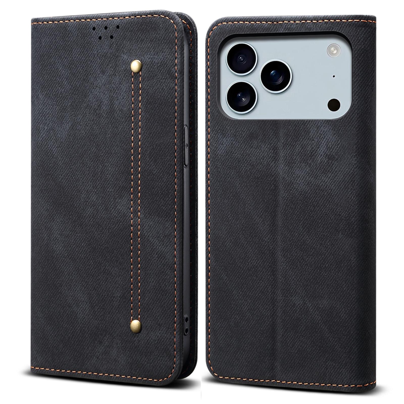 

For iPhone 17 Pro Max Case Jeans Cloth Texture Anti-Scratch Leather Stand Phone Cover Black