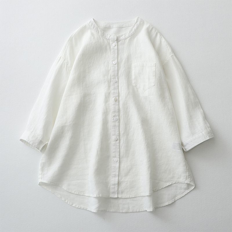 Japanese Cotton and Linen Shirt Women's Solid Color Versatile Casual Round Neck Seven Quarter Sleeved Shirt
