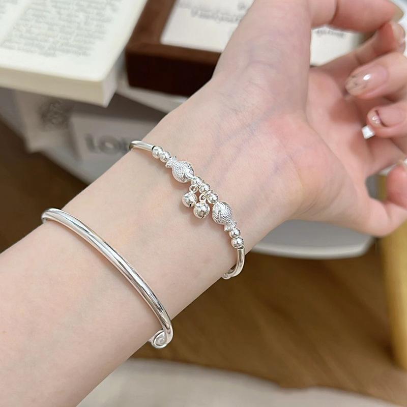 Silver Ethnic Style Double Fish Bell Swinging Female Bracelet Chinese Style Exquisite Bangles Charm Banquet Gift