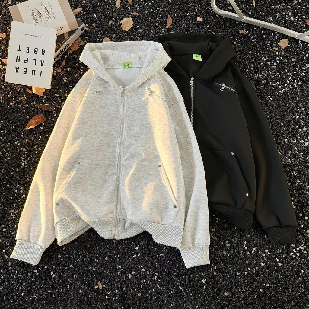 Unisex Spring Shoulder Padded Jacket: High Street Cool, Zipper Accents, Fashion Hoodie Cardigan