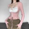 Pembe Y2k Uzun Kollu Üst Kadın Seksi Dantel Patchwork Kare Yaka Bandaj Ince T-shirt Coquette Kız Estetik Kırpma Üst