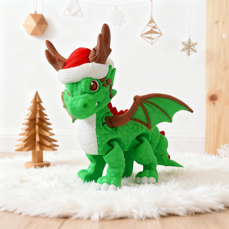 3D Printed Christmas Dragon Figure with Santa Hat Articulated Magic Dragon Model Toy Poseable Xmas Decor Ornament Kids Gift