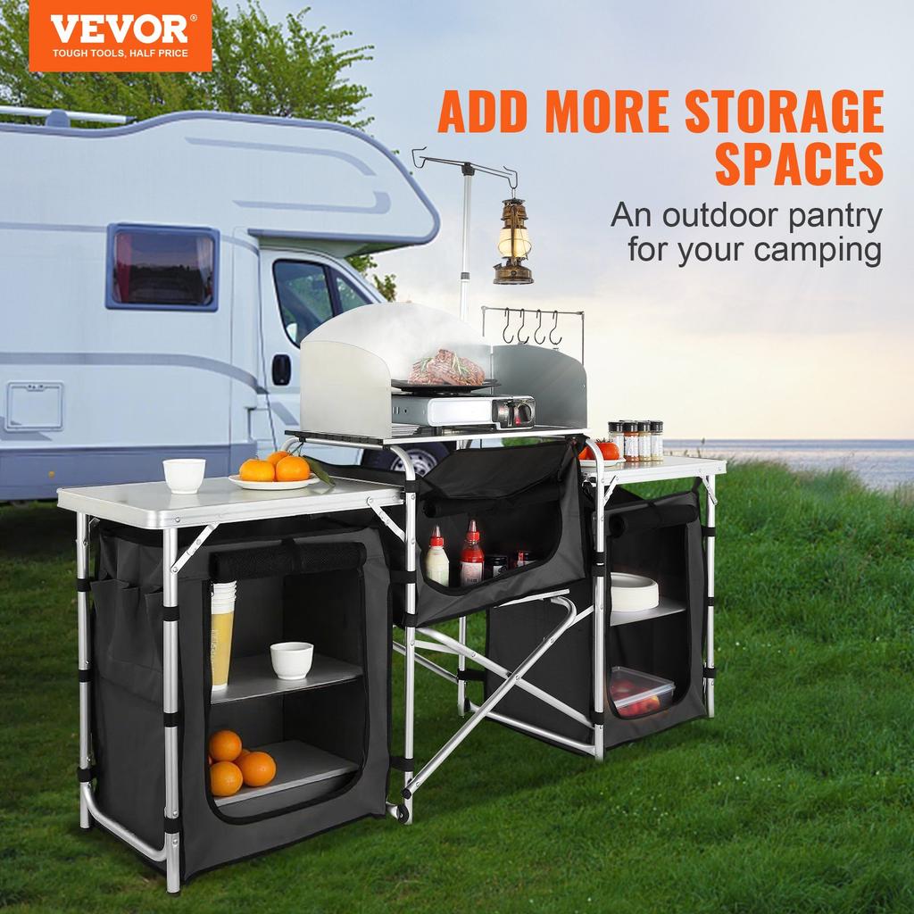 VEVOR Camping Kitchen Table, Folding Outdoor Cooking Table with Storage Carrying Bag, Aluminum Cook Station 3 Cupboard & Detachable Windscreen