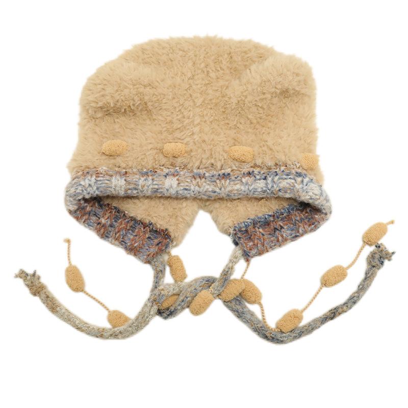 Cute Bear Ears Plush Hat Women's Autumn and Winter Japanese Versatile Knitted Hat Thickened Warmth Ear Protection Lei Feng Hat