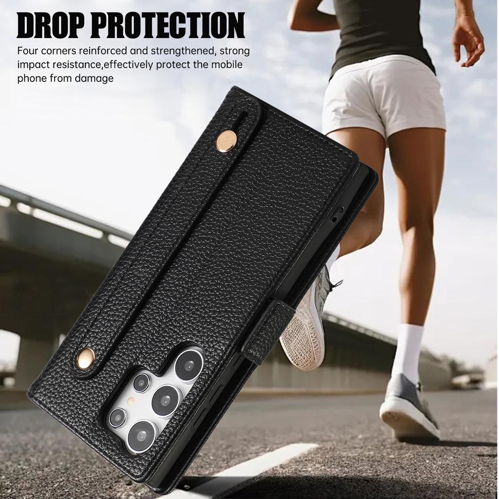 For Samsung Galaxy S24 Ultra Leather Case with Card Holder, Straps, Shockproof Wallet Phone Cover