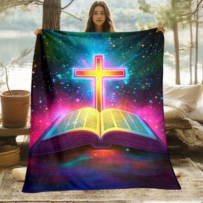 1pc Cross and Bible Religious Blanket - Ultra-Soft Lightweight Flannel Throw with Neon Gospel Book