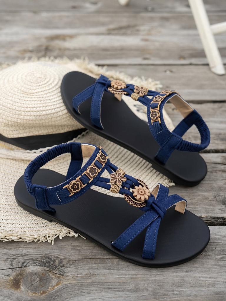 Flat-bottomed Large-size Sandals Women's 2025 Summer New Bohemian Women's Casual Elastic Beach Sandals
