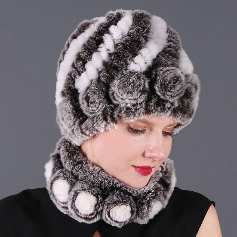 New High-quality Rex Rabbit Fur Accessories Autumn and Winter Women's Versatile Warm Hat Scarf Two-piece Set
