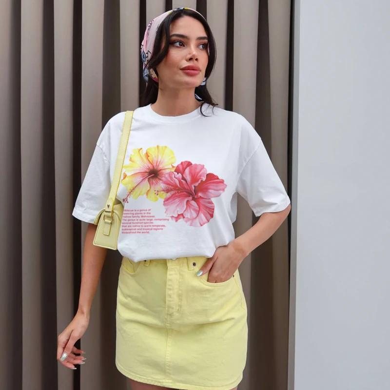 

Trendy Cute Hibiscus Pink Women T-Shirt Y2k Aesthetic Graphic Summer Beach Vacation T Shirt Female Tropical Flower Top S белый
