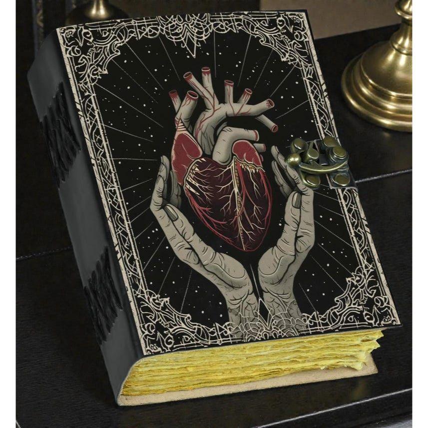 Gothic Leather Journal Anatomical Heart with Lock: Witchy Floral Notebook
