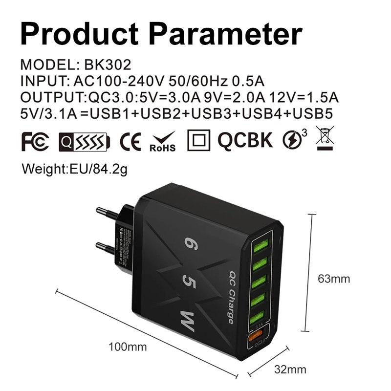 65W 6 Ports USB Charger Fast Charging QC3.0 Travel Charger for IPhone 14 Samsung Xiaomi Mobile Phone Adapter EU KR US UK Plug