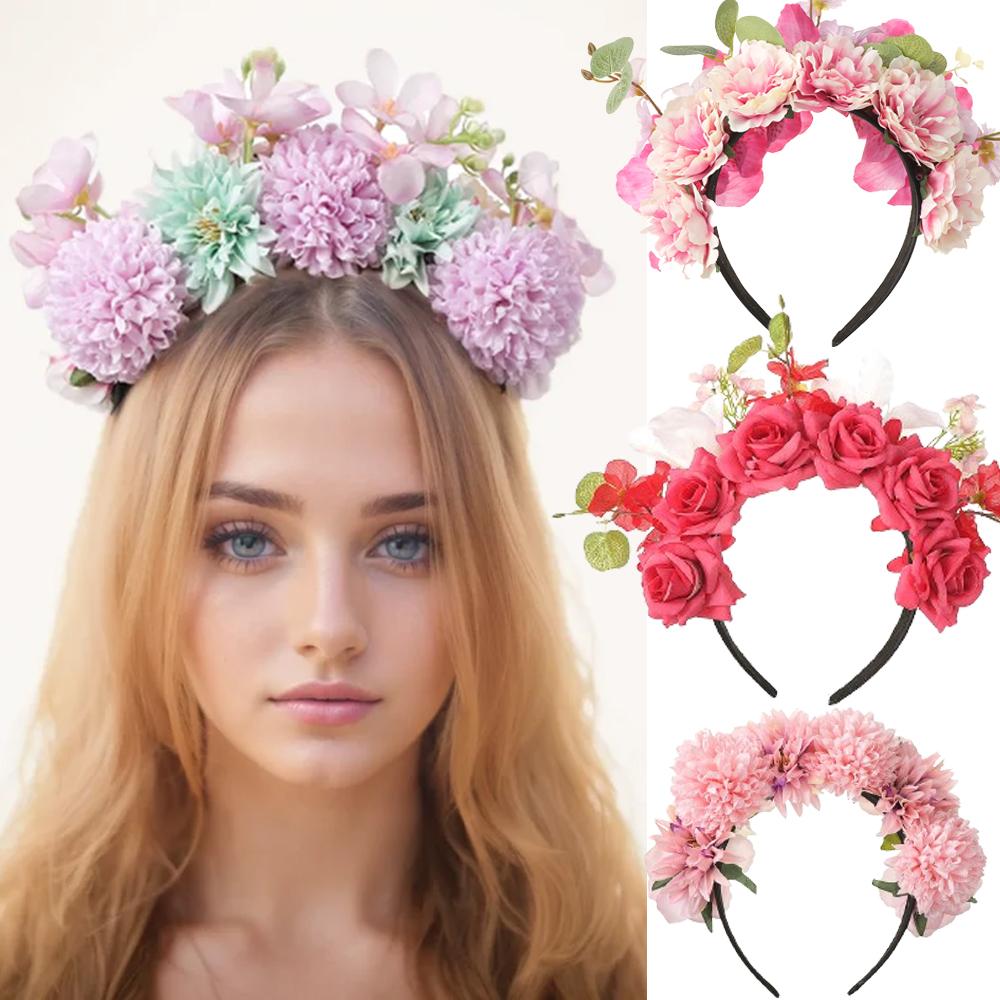 

Simulated Flower Headband Rose Red Wedding Hair Hoops Wreath For Women Seaside Holiday Hair Bands Travel Festival Headwear