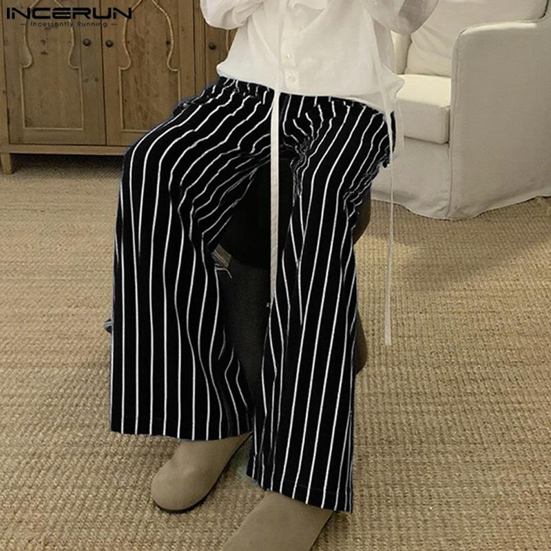 INCERUN Men Casual Zipper Waist Striped Long Straight Pants Pants Trousers