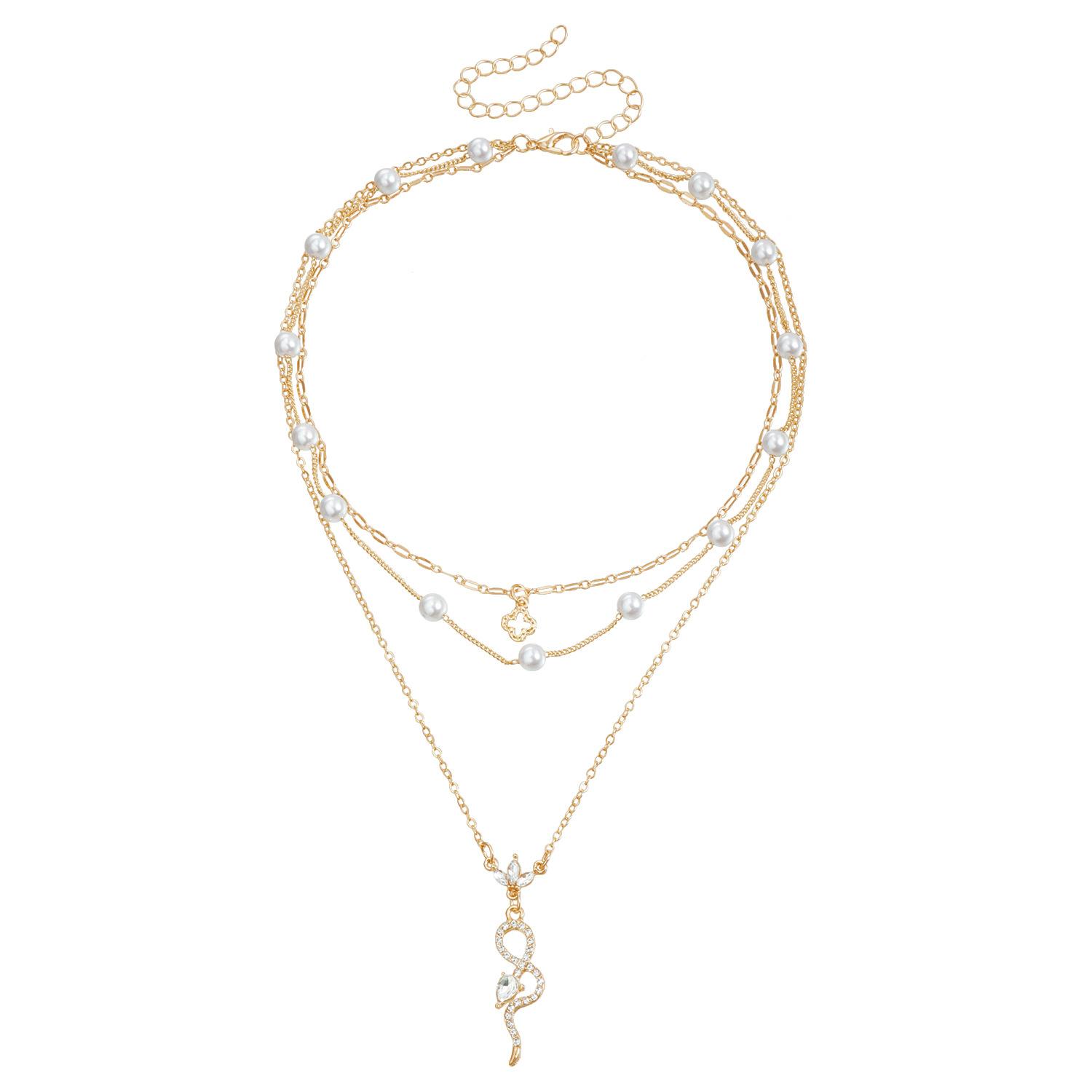 

INS pearl chain vintage flash diamond coconut tree snake pendant element collarbone chain necklace золотой