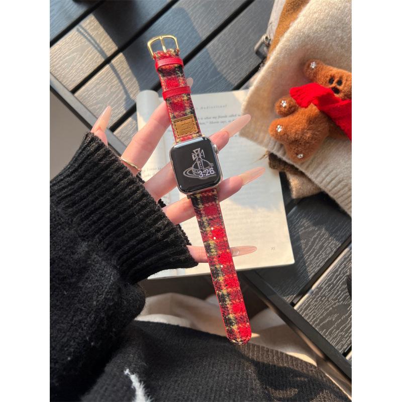 Autumn And Winter Leather Standard Plaid Woolen For Apple Watch Applewatchs10 Strap Iwatch98765Se