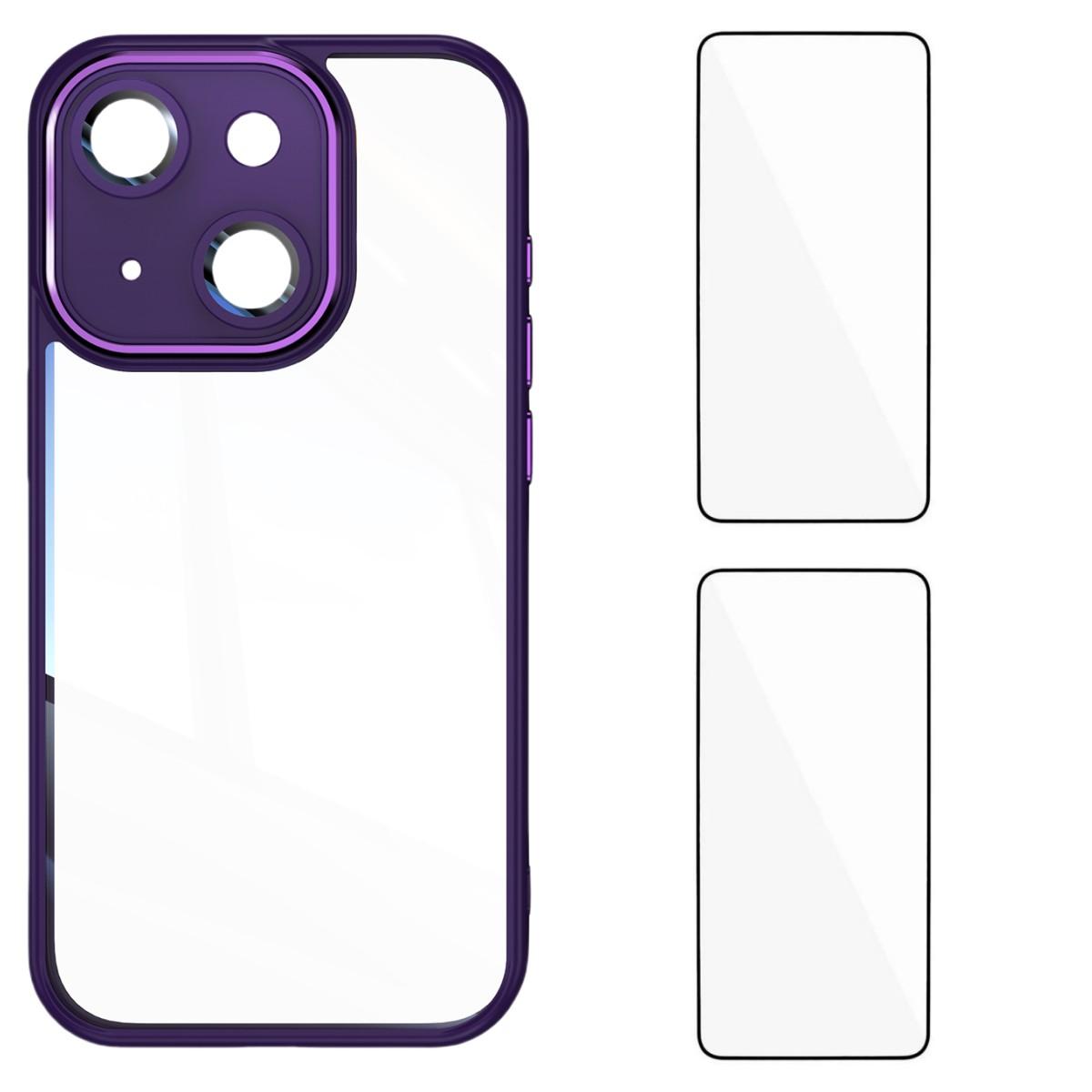 

For iPhone 15 TPU Case WANLONFENG Drop-proof Clear Phone Cover with 2Pcs Tempered Glass Film Dark Purple