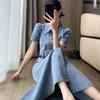 High-End Blue Retro Denim Summer Dress for Women 2026: Slimming Waist-Cinched, Temperament Fashion, Long Commute Style