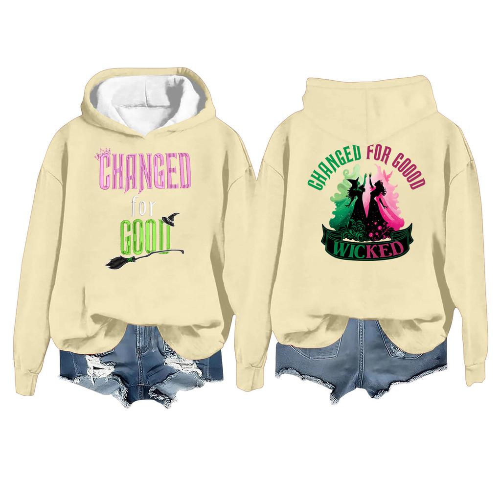 Women's Casual Long Sleeve Pullover Witch Print Hooded Sweatshirt