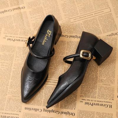 2025 Autumn Hong Kong Style One Word Pointed Temperament High Heels Leather Shoes Women's New French Versatile Retro Mary Jane Single Shoes