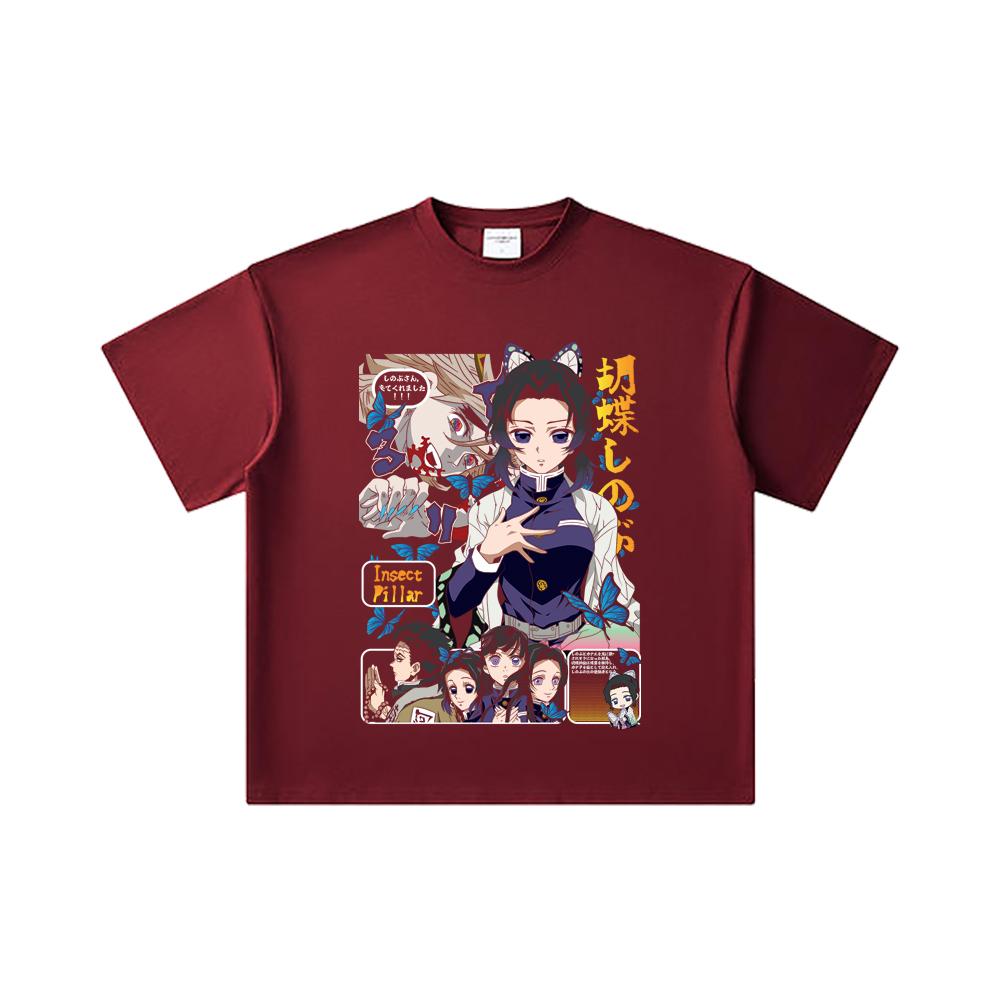 

260 GSM Double Yarn 32 Count 100% Cotton Demon Slayer V16 Shinobu Print Unisex Heavy Cotton T Shirt 2XL вина червоного кольору
