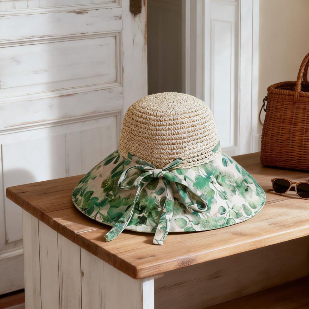 (Einheitsgröße, Grün) Damen Bohemian Patchwork Strohhut Breiter Rand Atmungsaktiv Sonnenschutz Strandhut Faltbar Sommer Blumen Sonnenhut