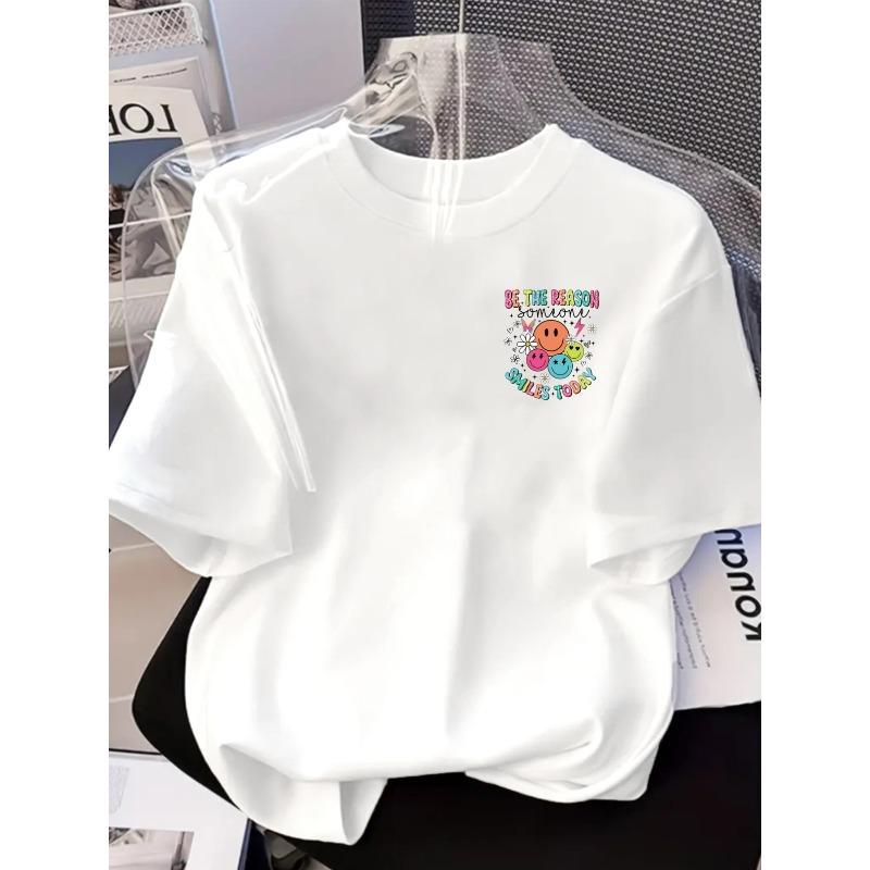 Women's Smiling Face Positive Energy Print Tee Crew Neck Short Sleeve Hearts Design Spring Casual Playful Trendy Top