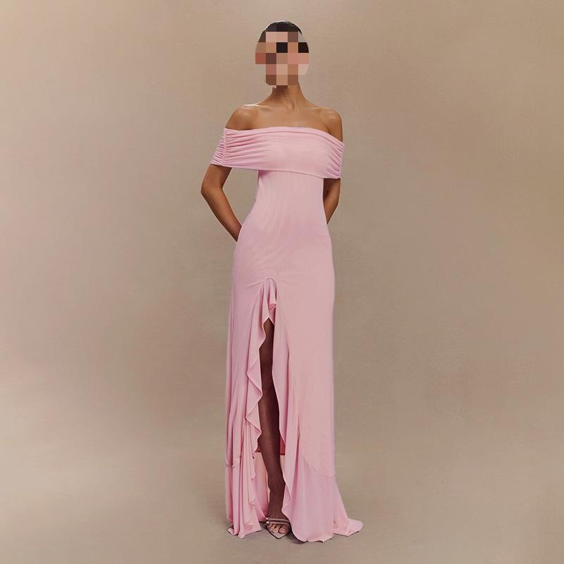 

Европейское и американское летнее платье без бретелек с оборками, разрезом, сеткой, облегающего кроя L розовый