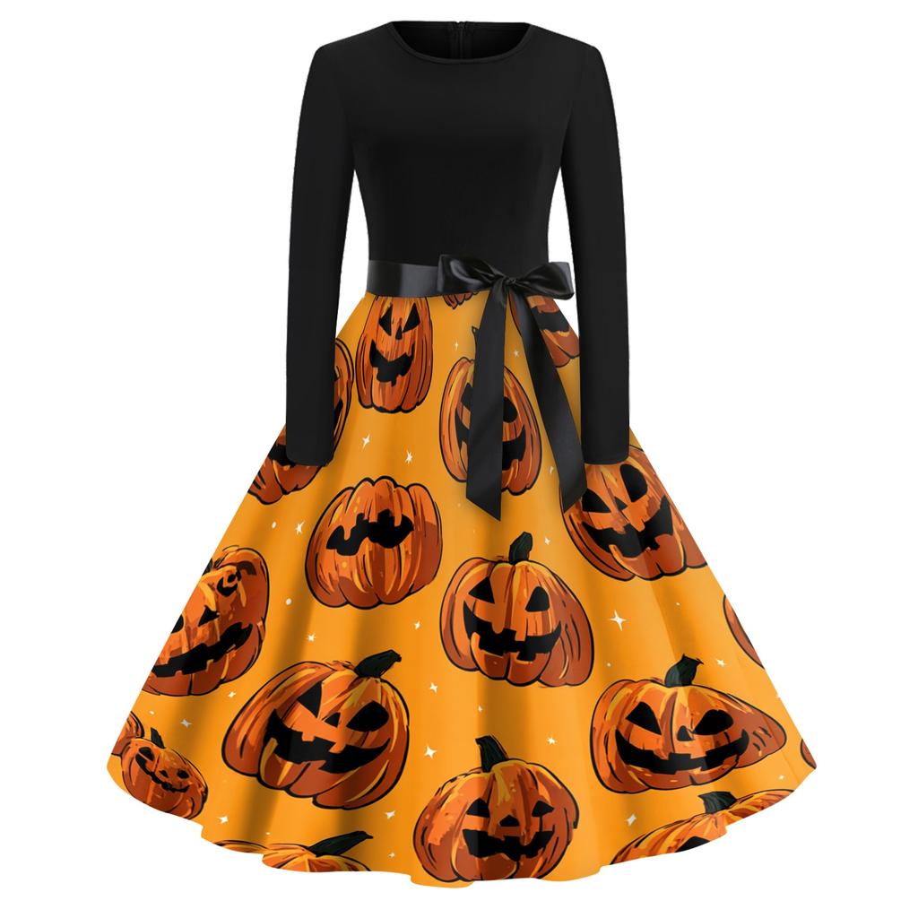 Women Casual Long Sleeve Dress Vintage Round Neck Floral Print Midi Dress with Waist Tie for Halloween Party