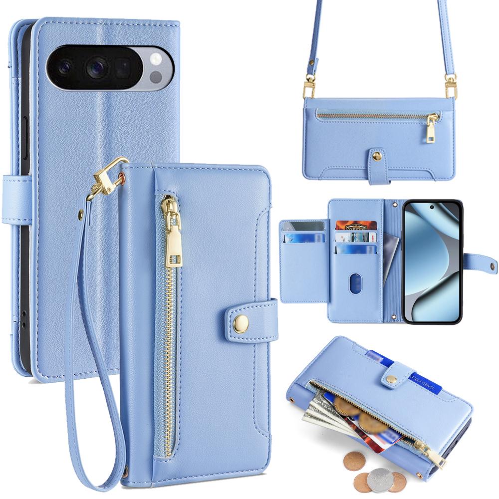 For Google Pixel 10 Pro XL Leather Case Zipper Pocket Wallet Phone Cover with 2 Straps