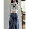 Women's Retro Blue Check Wide Leg Pants - High Waist, Casual, Floor-Length for Spring/Autumn