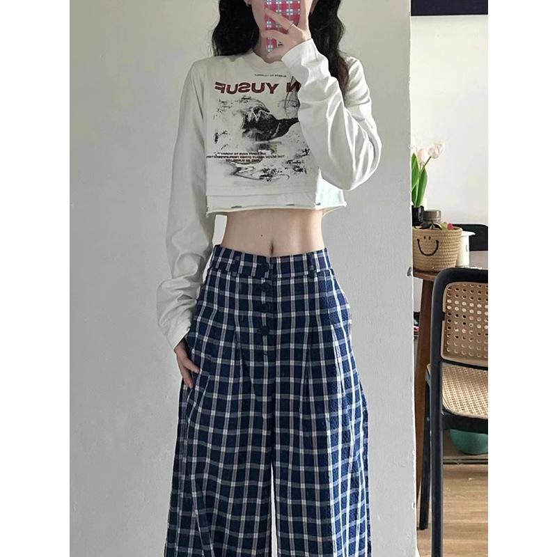 Women's Retro Blue Check Wide Leg Pants - High Waist, Casual, Floor-Length for Spring/Autumn