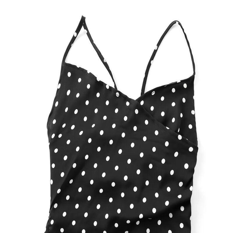 Fashion Style 2024 Summer New Arrival Women's Sling Ruched Decorative Polka Dot Print Midi Skirt Dress 2976764