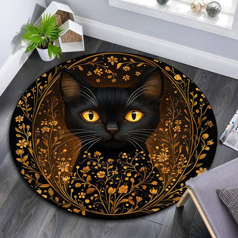 Golden Framed Black Cat Round Area Rug,Carpet Rug for Living Room Bedroom Sofa Playroom Decor,Non-slip Floor Mat