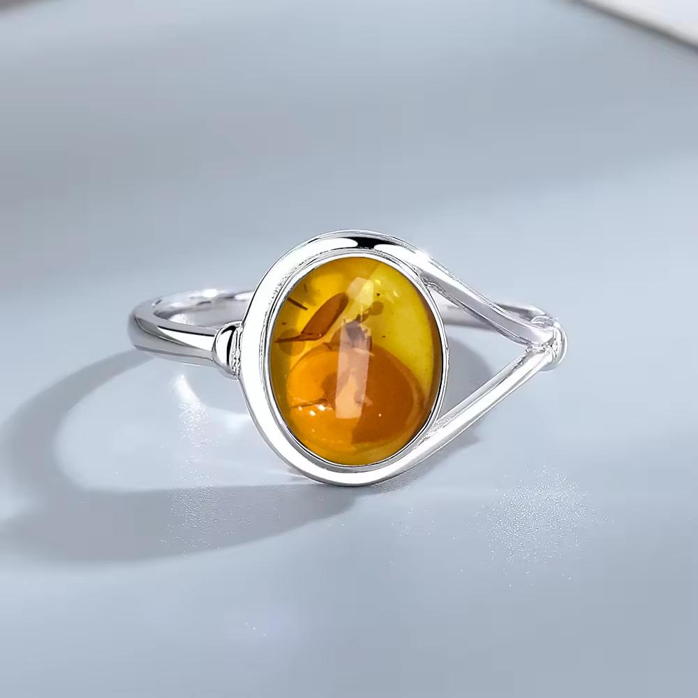 S925 Silver Ring With Natural Amber Stone Flower Shape Oval Petal Amber Stone Gifts Fine Jewelry For Women