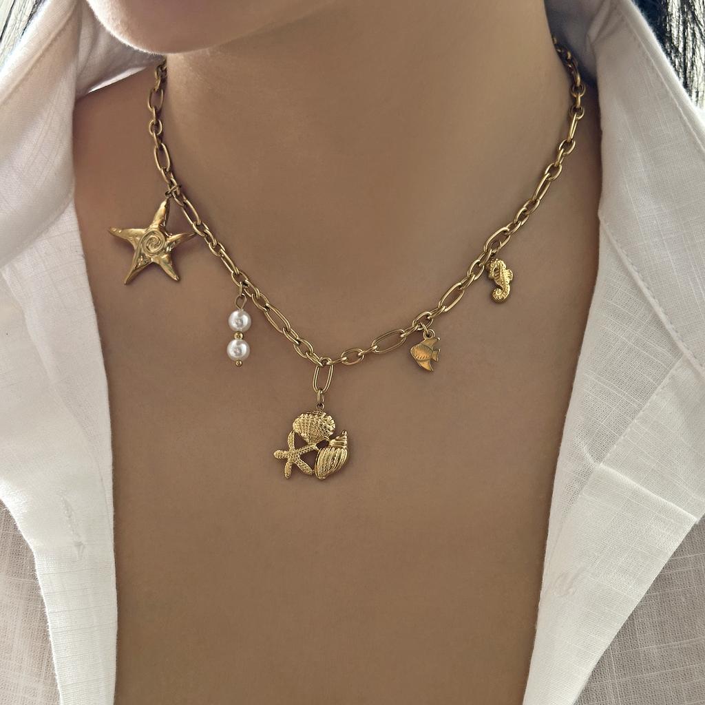 Fashion Stainless Steel Metal Conch Necklaces for Women Cute Shell Tassel Ceramic Fish Necklaces Party Daily Jewelry Gifts