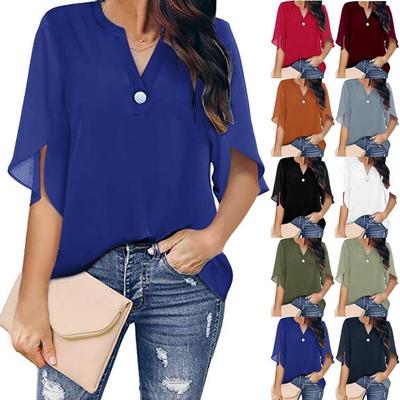Camisa Casual de Chiffon Feminina Europeia e Americana de Manga Curta com Decote V