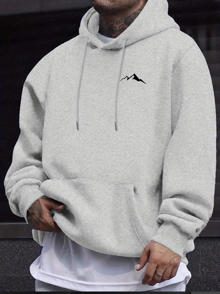 Men's Minimalist Mountain Peak Chest Print Hip Hop Sports Hoodie Simple Outdoor Loose Casual Sweatshirt