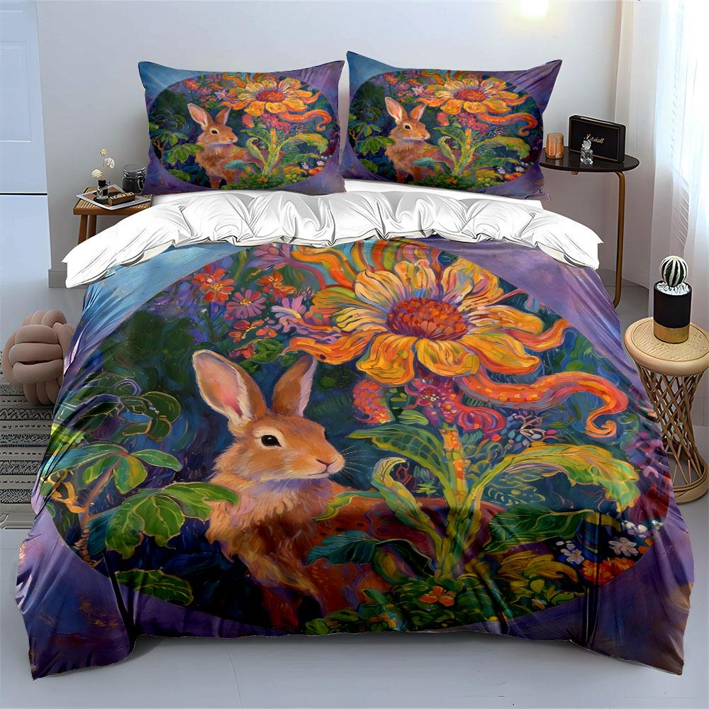 Floral Rabbit Artwork Home Decor Soft Comfortable Duvet Cover Bedding Set Included 1*Duvet Cover & 2*Pillowcases, Gift